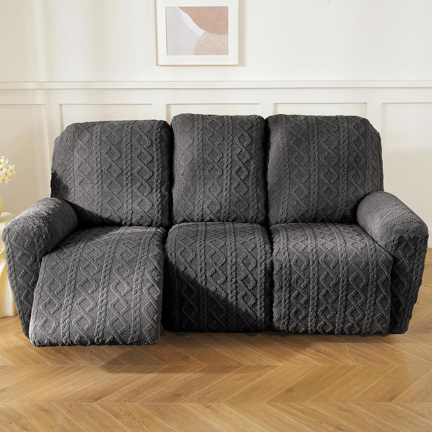 vctops 8 Pieces Geometric Jacquard Plush Recliner Sofa Covers Soft Fuzzy Fluffy 3 Seats Couch Cover Anti-Slip Sofa Slipcover Furniture Protector with Elastic Bottom for Kids Pet(Dark Grey,3 Seat)