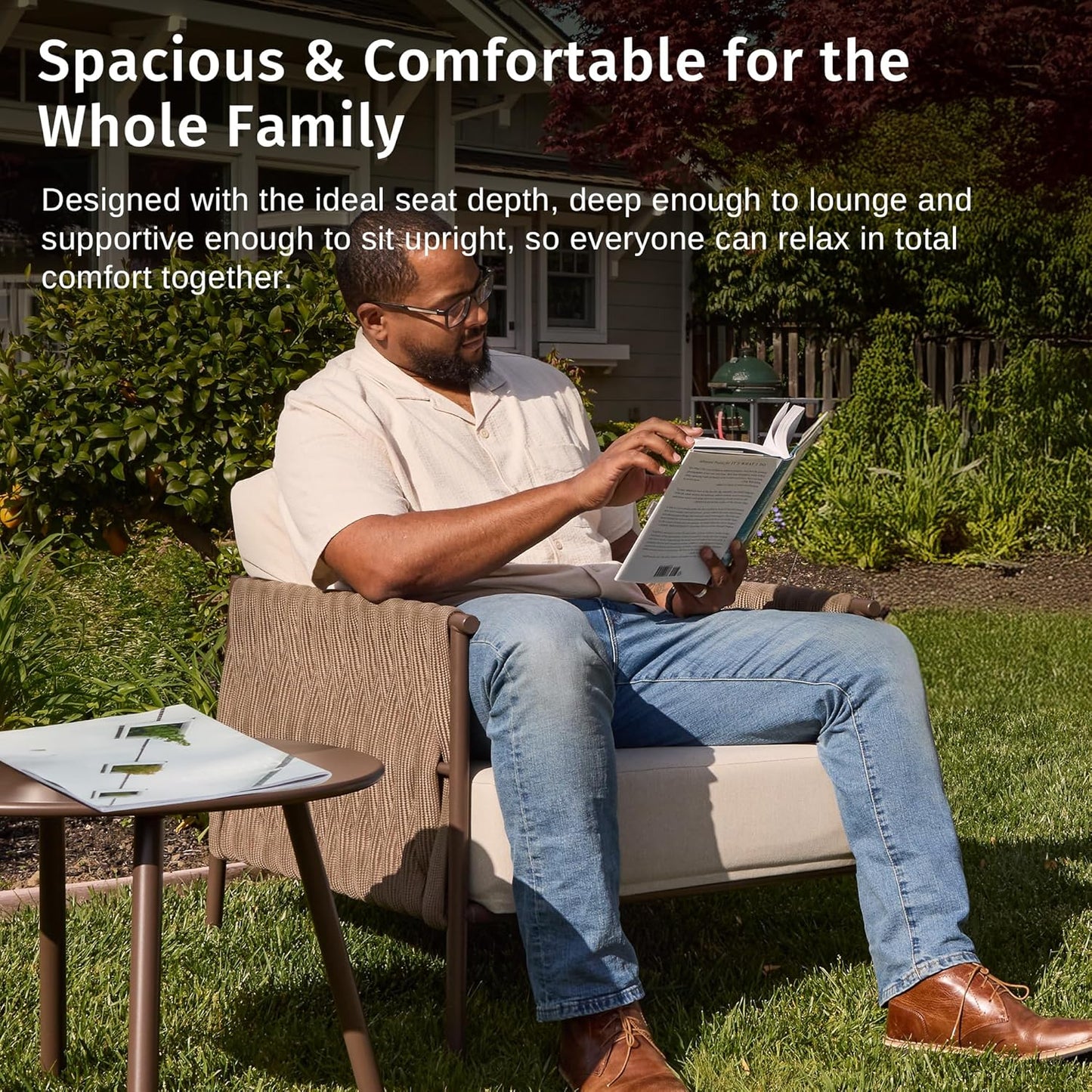 EAST OAK 3-Piece Patio Furniture Set | Armchairs & Coffee Table | Outdoor Furniture with Cushions | Deep Seating Modern Conversation Set | Garden, Porch, Balcony & Backyard | Chestnut & Apricot