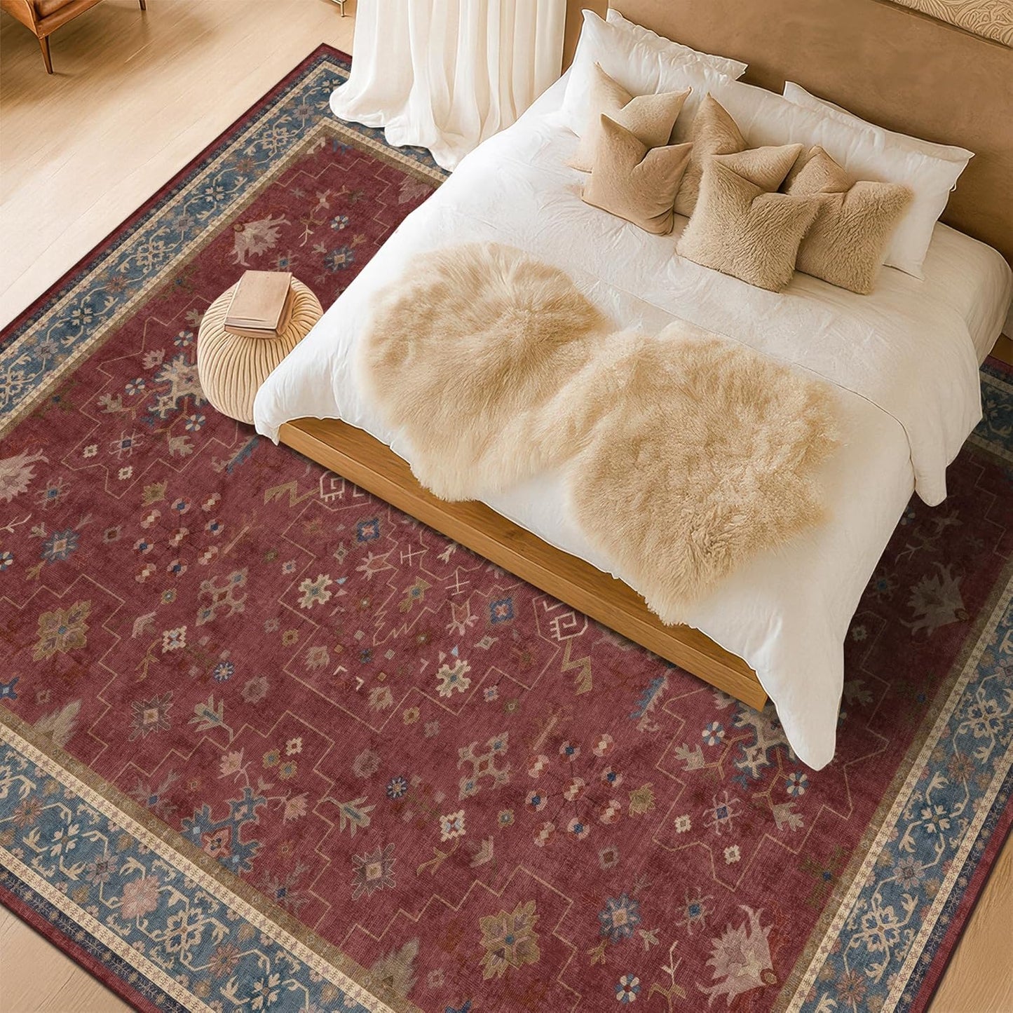 7x9 Dining Room Rugs for Under Table - Vintage Burgundy Boho Living Room Rug, Lightweight Washable Soft Floor Carpet,Southwestern Bed Room Décor Aesthetic