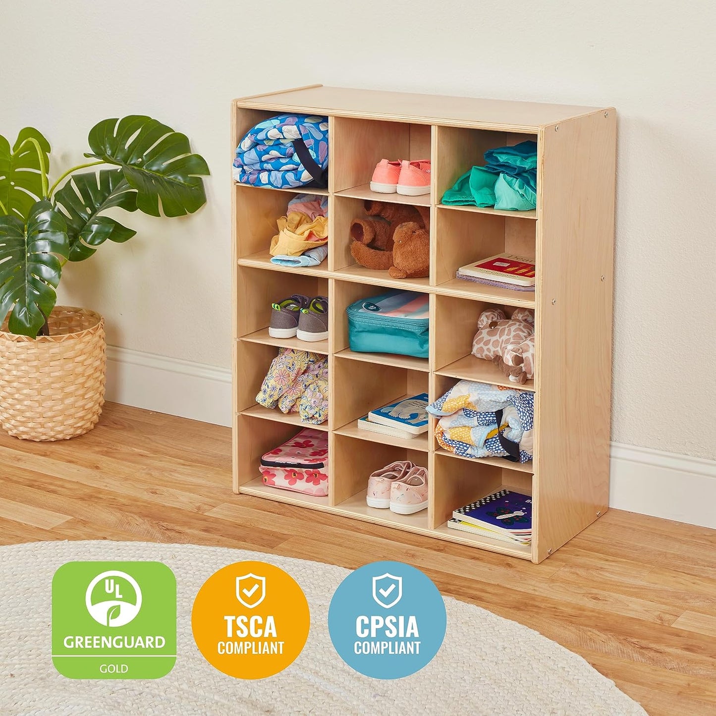 ECR4Kids Streamline 15 Cubby Tray Storage Cabinet, 5x3, Classroom Furniture, Natural