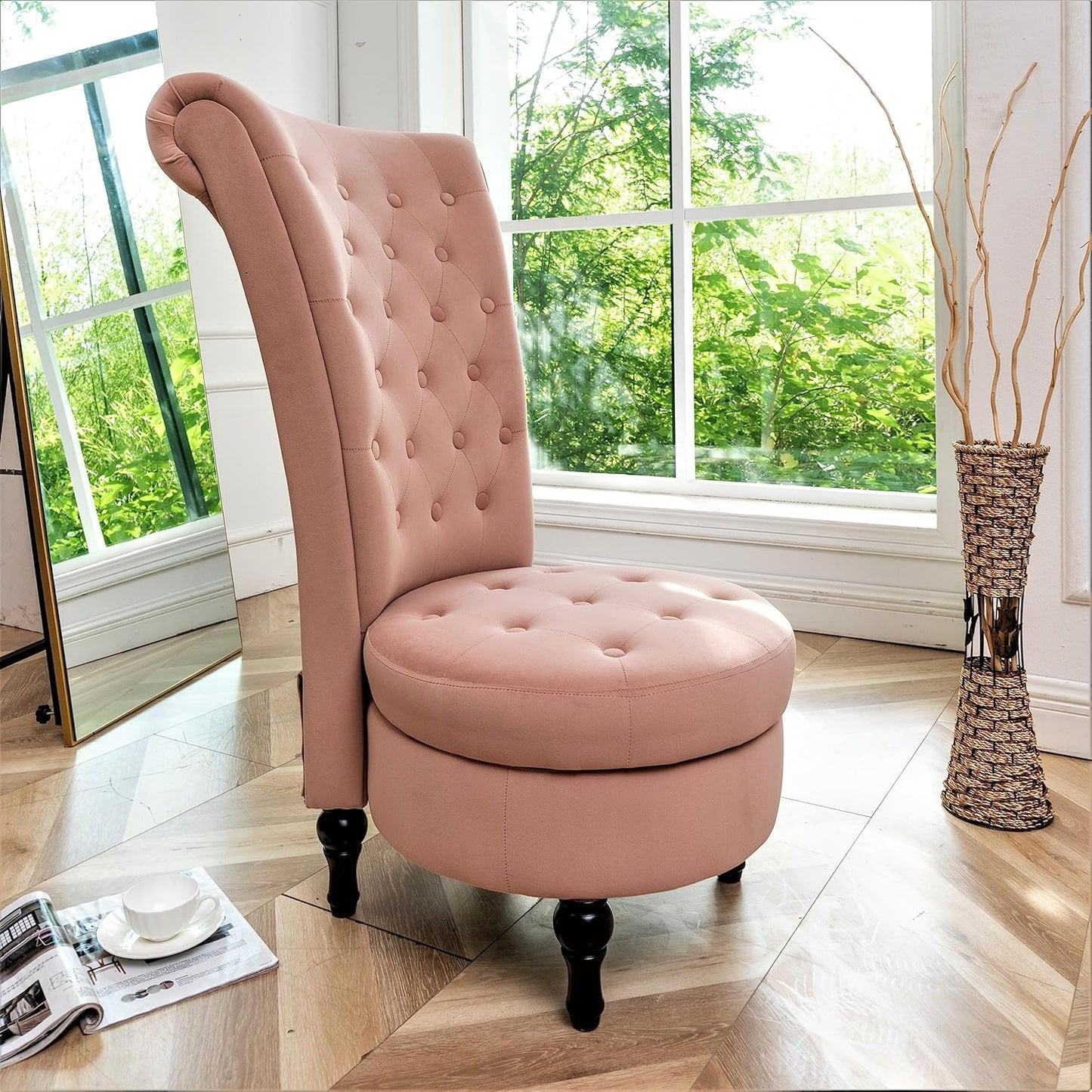 Container Furniture Direct Royal High-Back Velvet Accent Chair for Vanity with Storage and Luxurious Upholstery, Retro Design and Versatile Usage for Living Room, Bedroom, Lounge and Office, Rose