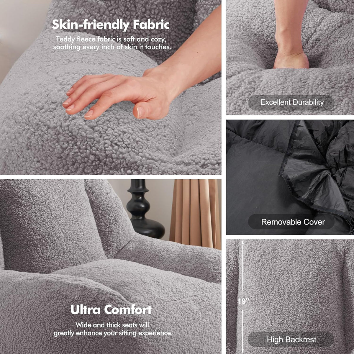 Homguava Bean Bag Chairs for Adults,Giant Beanbag Couch Adult Bean Bag Chair with Filler Included,Modern Lazy Sofa Comfy Chair for Living Room(Grey)