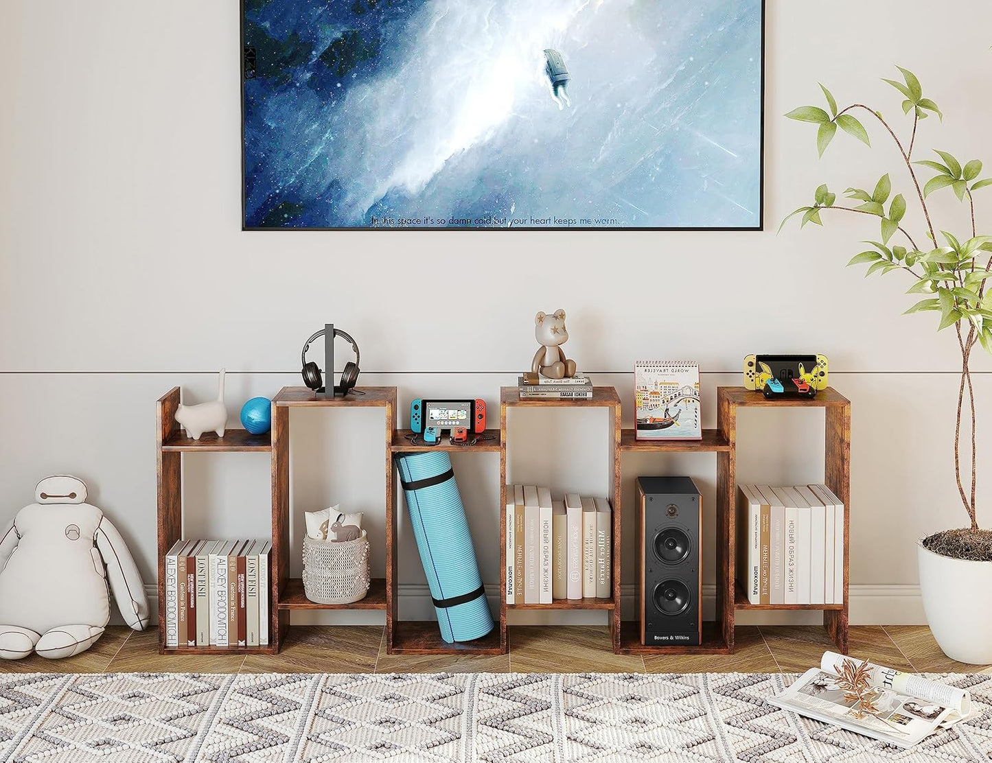 Yusong Geometric Bookcase, Bookshelf 6-Tier S Shaped Book Shelves for Bedroom, Modern Wood Decorative Display Shelf Tall Book Case for Home Office, Rustic Brown