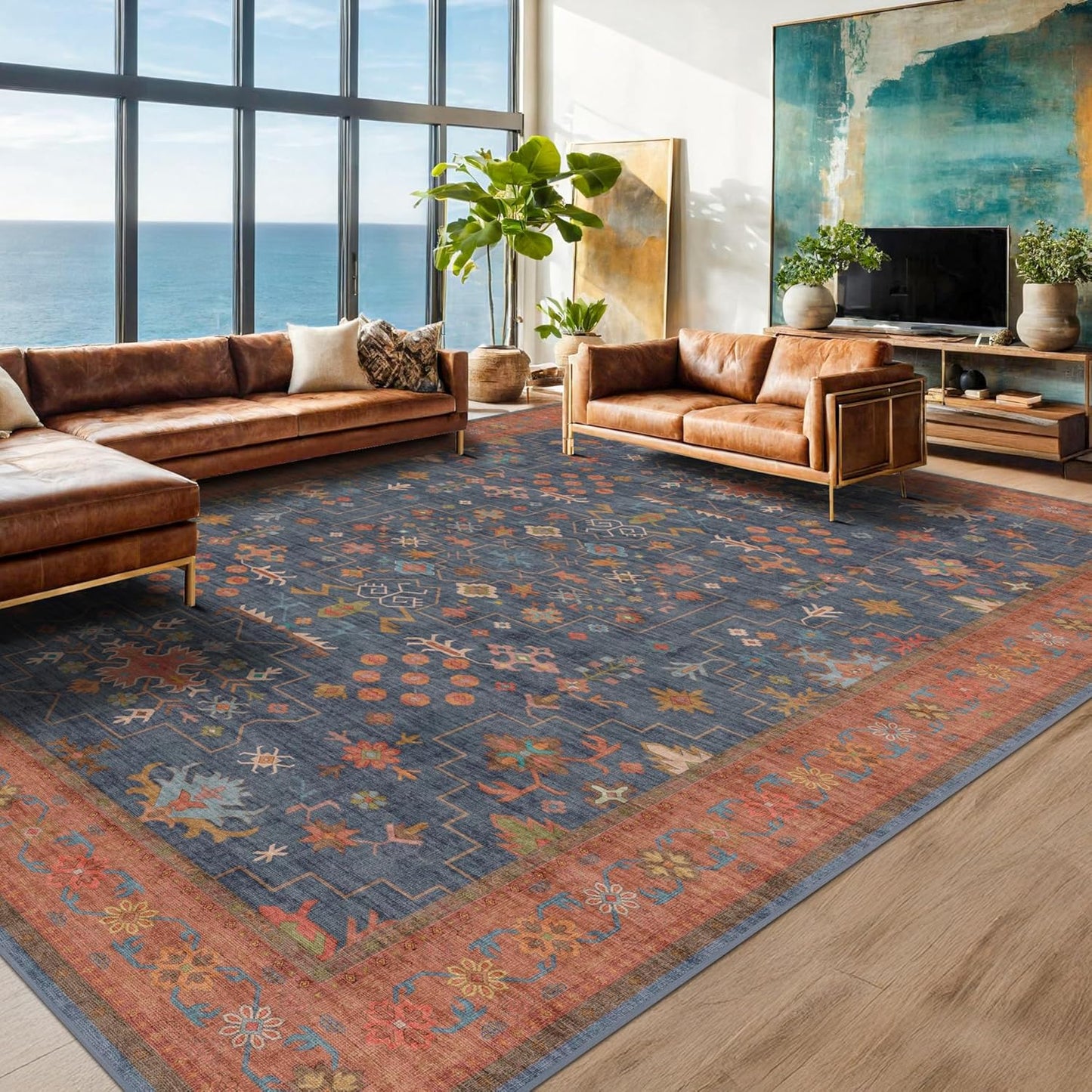 Boho Navy Blue 10x12 Area Rug for Living Room, Extra Large Dining Room Rugs for Under Table, Soft Low Pile Carpet for Bedroom - Vintage Floral Rug, Non-Slip, Lightweight & Stain Resistance