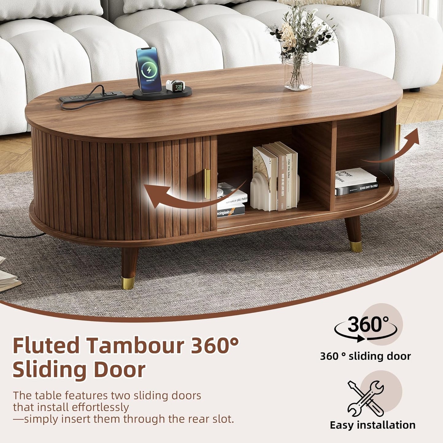 Mid-Century Fluted Oval Coffee Table with 360° Tambour Doors, Hidden Storage, Solid Wood Legs & 2 AC+2 USB Charging Station, Modern Coffee Table for Living Room, Apartment, Walnut