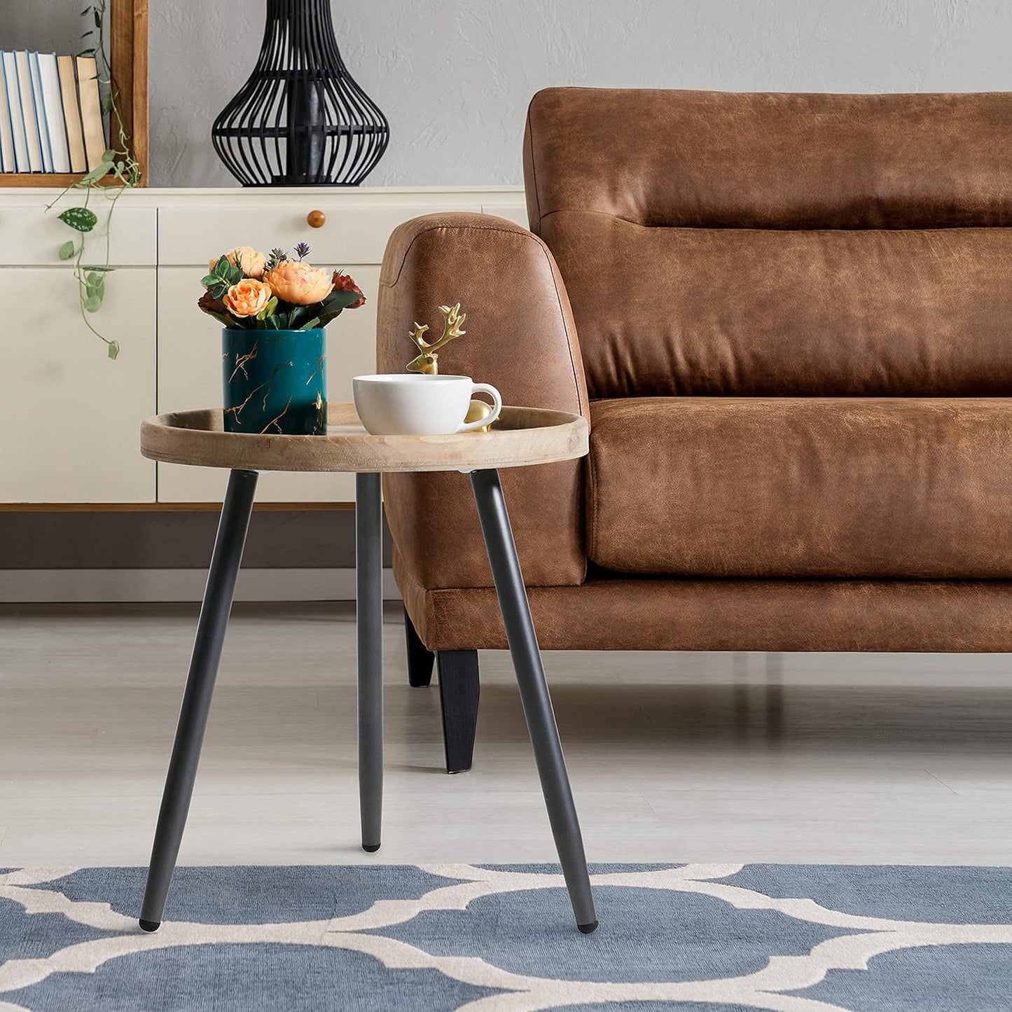 LITA Log Desktop Round Side End Table, Nightstand Tables, Indoor Outdoor Round Side Table, Wooden Tray Table with Black Metal Stand End Table for Living Room Bedroom Office Small Spaces (L)