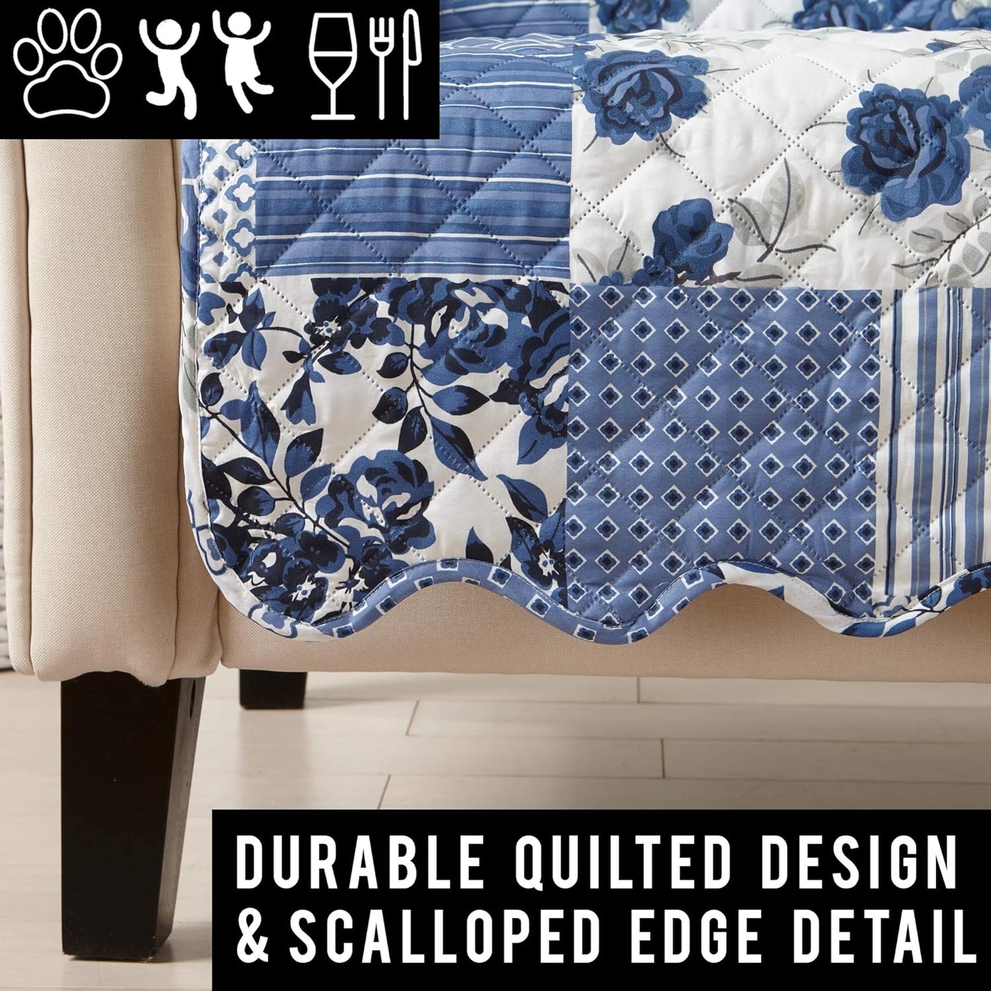 Great Bay Home Patchwork Scalloped Printed Furniture Protector Stain Resistant Sofa Cover (Sofa, Navy)