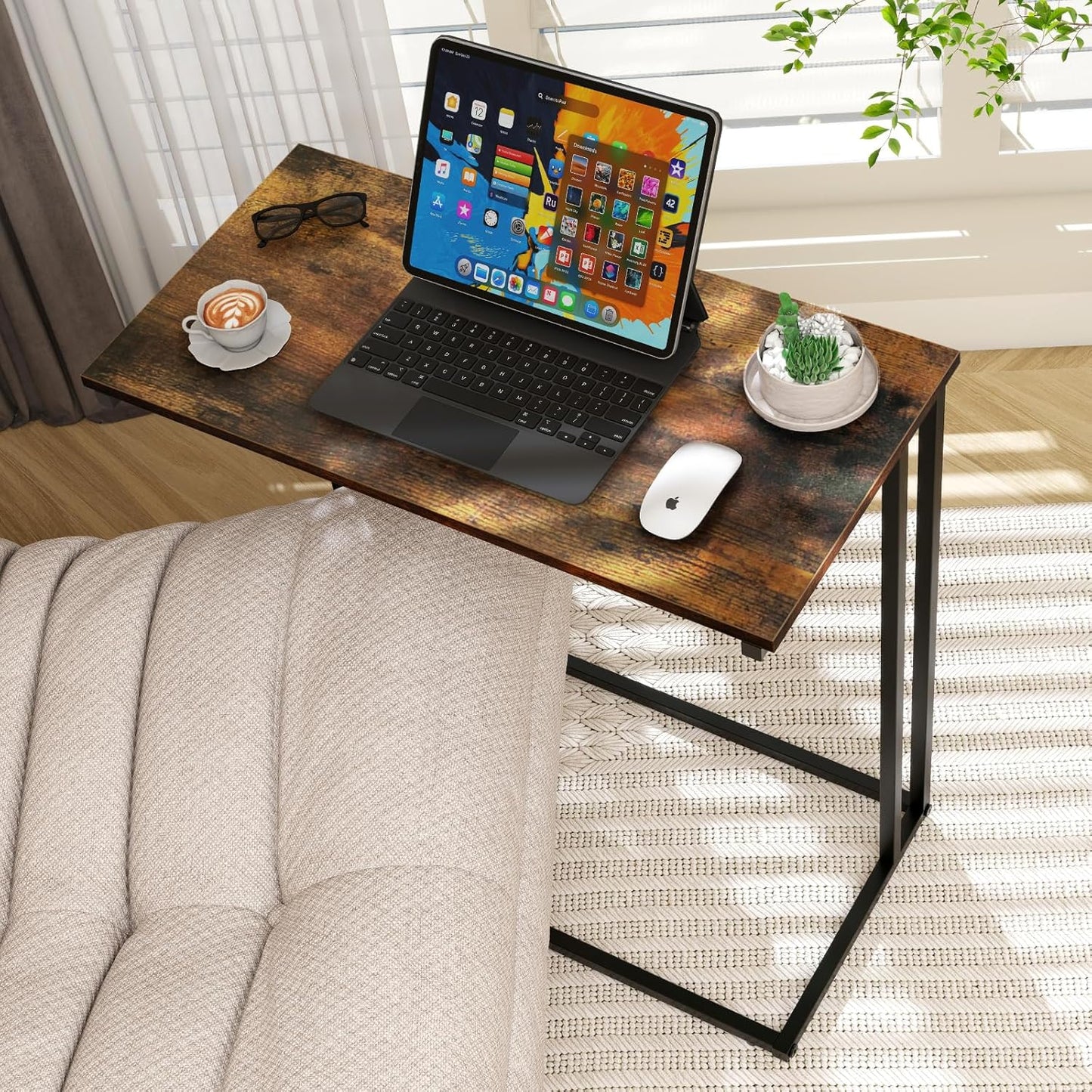 C-Shaped Side Table, Modern End Table with Metal Frame, Space Saving Design for Living Room,Large Surface Couch Table for Bedroom, and Home Office,24 x 12 x 24 inches (Brown)