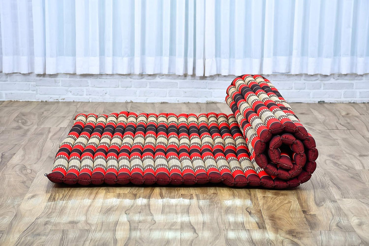 Leewadee - Foldable Floor Mattress - Japanese Roll Up Futon -Trifold Tatami Mat- Guest Floor Bed - Camping Mattress - Thai Massage Mat, Kapok Filled, 75 x 57 inches, Red