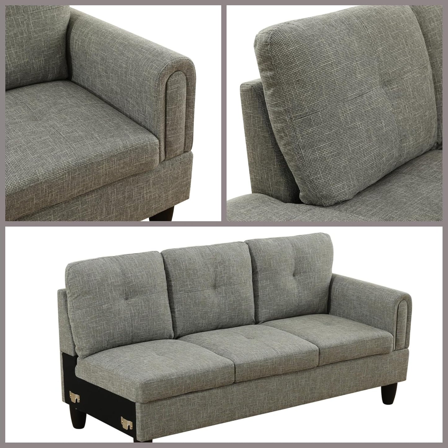 L Shaped Couch Sectional Couches with Chaise, 3 Pieces Modular Convertible Sofa for Living Room Furniture Sets and Small Apartment, Grey