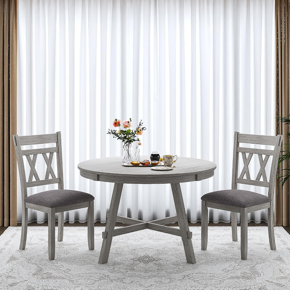5-Piece Solid Wood Dining Table Set for 4, Modern Breakfast Dinette Kitchen Table with Chairs for Dining Room, Kitchen, Grey