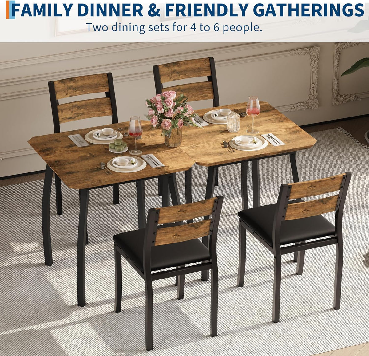 Small Dining Table Set for 2,3-Piece Kitchen Table Set with Thick Wood Grain Tabletop & 2 Upholstered Chairs & Metal Frame, Compact Table Set for Small Spaces, Kitchens & Dining Rooms (Brown)