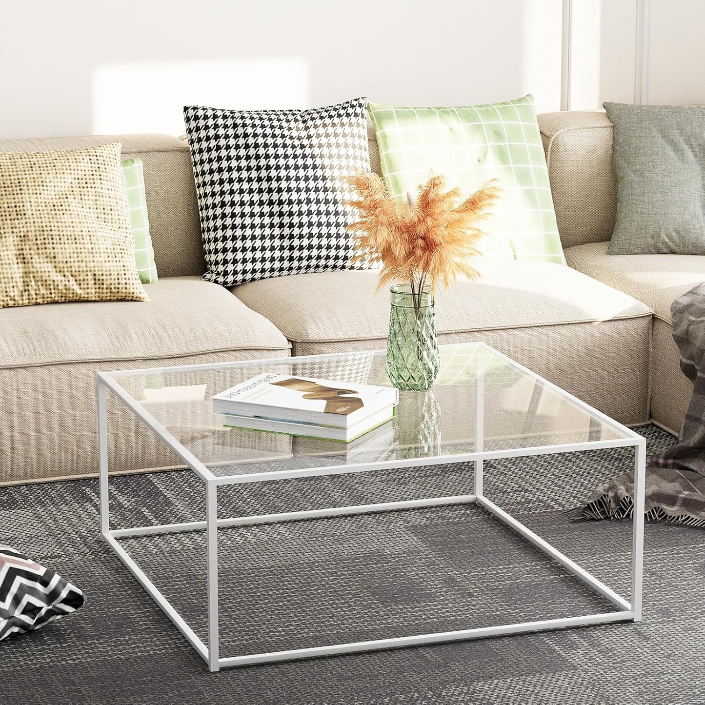 Glass Coffee Table Square Coffee Table for Small Space,Modern Minimalist Center Table for Living Room Home Office,Tempered Glass-top with Sturdy Metal Frame,Easy Assembly,27 x 27In, White