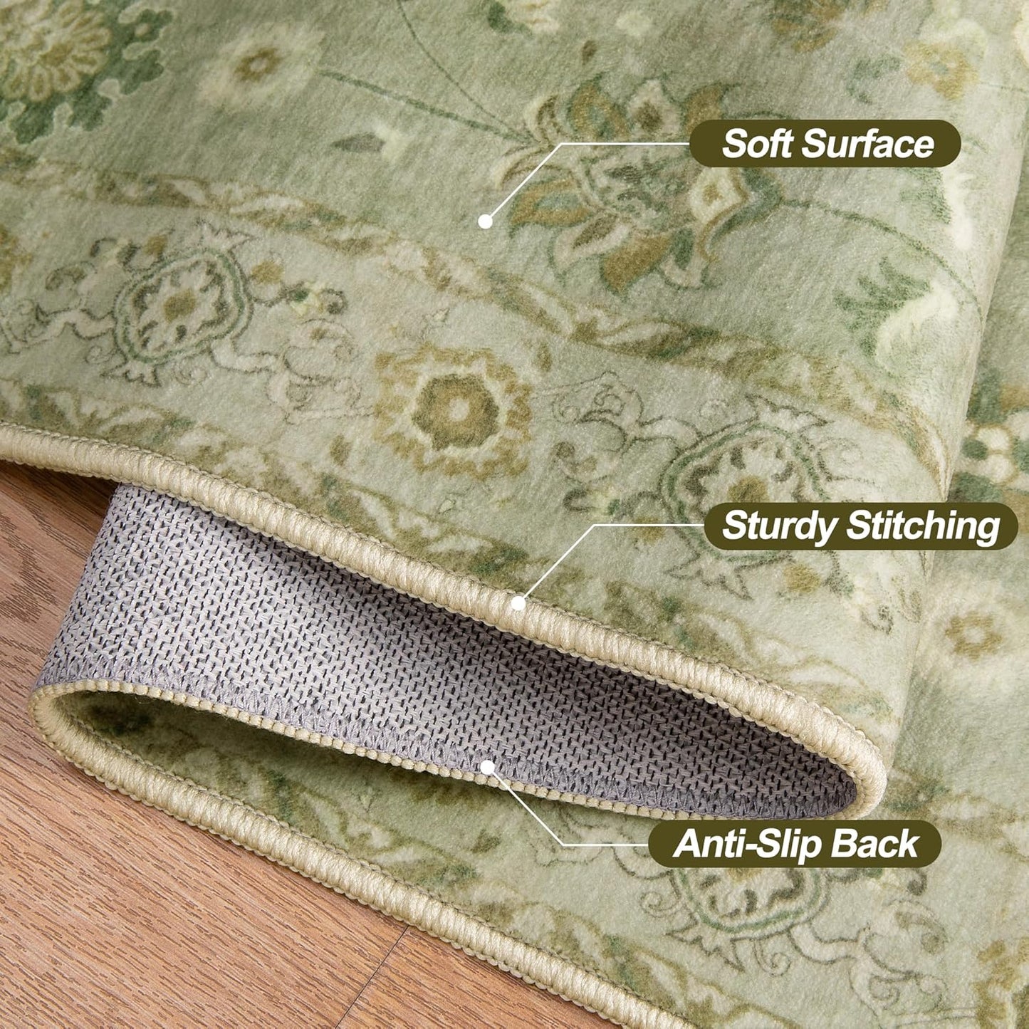 Tangsoo 4x6 Area Rug for Living Room, Washable Floral Vintage Rugs Indoor, Distressed Flaxen Green Carpet for Bedroom, Non Slip Dining Room, Soft Low Pile Rugs Foldable Floor Rug for Dorm Bedside