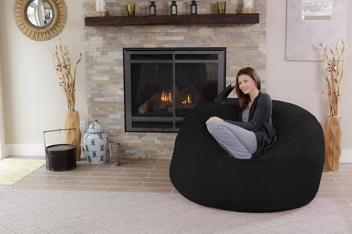 Chill Sack Bean Bag Chair - 5' Giant Memory Foam Lounge Chair with Soft Microfiber Cover β Cozy Furniture for Living Room, Dorm, & Kids' Rooms β Comfortable 5 Ft, Microsuede Lounge Sofa, Black