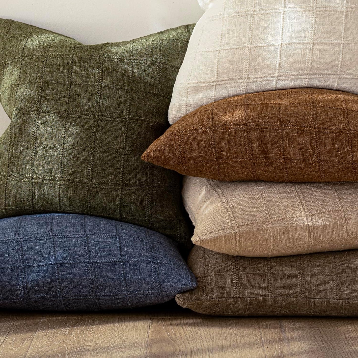 Foindtower Set of 2 Decorative Linen Check Throw Pillow Covers Neutral Farmhouse Vintage Cushion Covers Modern Boho Home Decor for Sofa Chair Couch Bedroom Living Room Outdoor,22×22 Inch,Light Brown