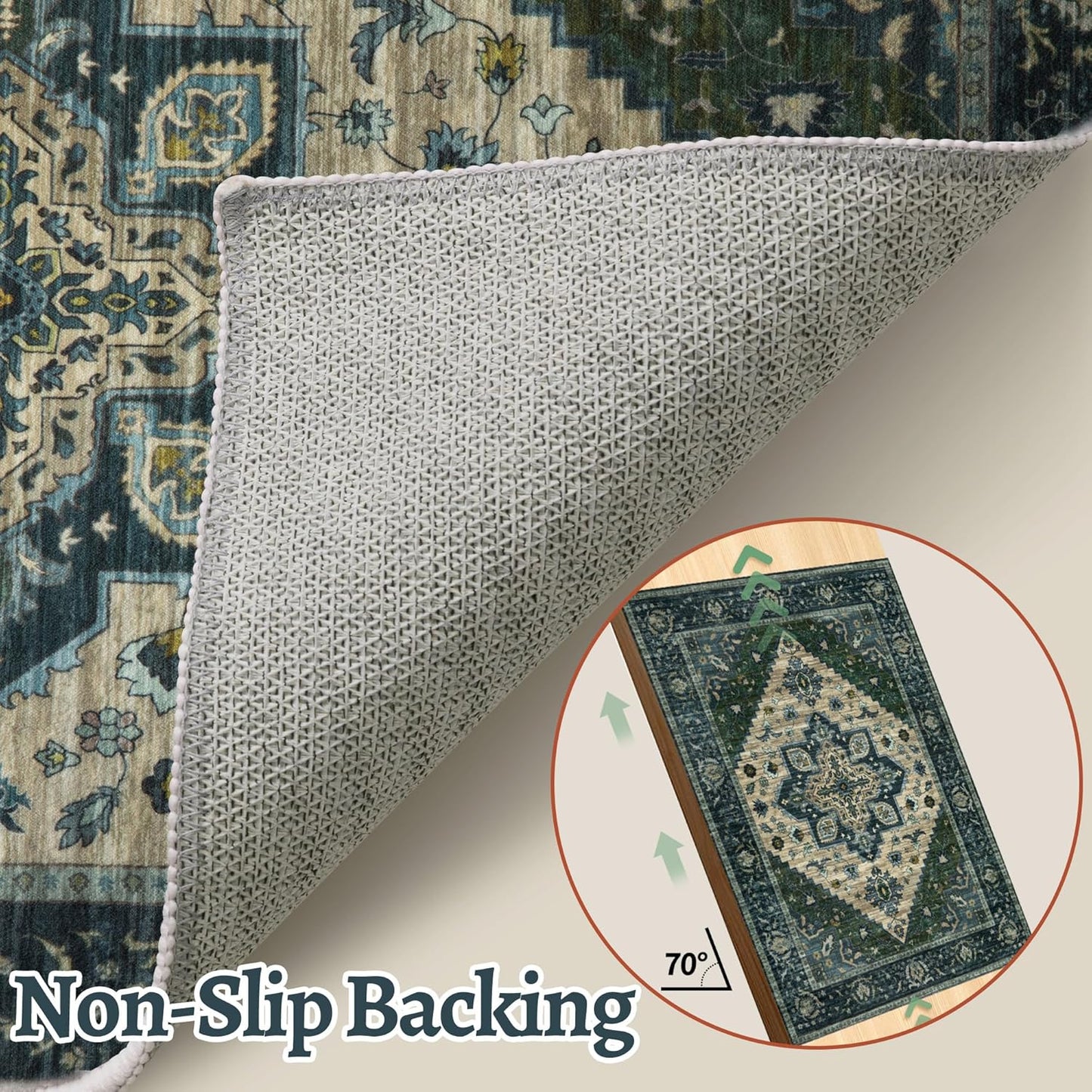 Tangsoo 4x6 Washable Rug Vintage Non Slip Indoor, Distressed Carpet for Living Room, Dining Room, Soft Low Pile Rugs Foldable for Bedroom Dorm Bedside Bathroom Green