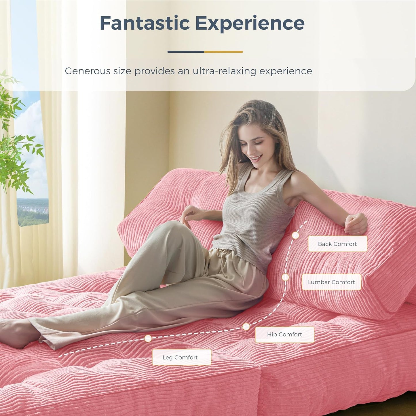 MAXYOYO Folding Sofa Bed, Convertible Sleeper Chair with Pillow Foldable Matress with Back Support, Portable Fold Out Chair Bed Comfy Floor Sofa Lounge for Living Room Bedroom, Pink Double