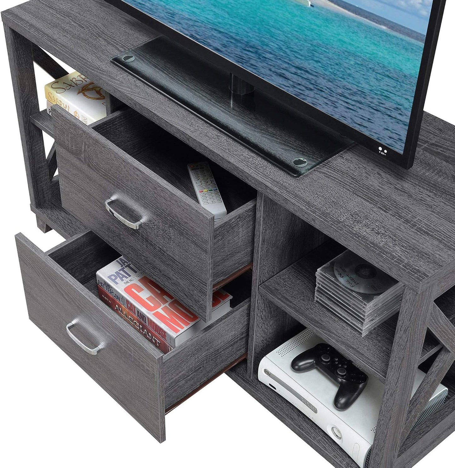Convenience Concepts Oxford Deluxe 2 Drawer TV Stand with Shelves for TVs up to 55 Inches, Weathered Gray