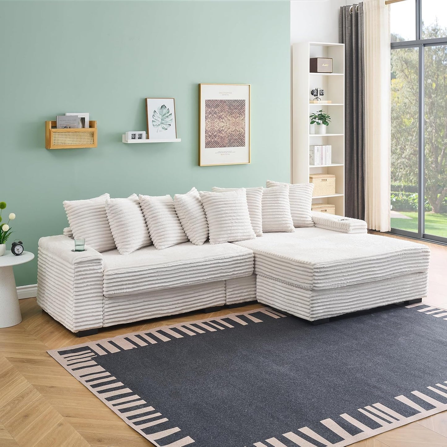 KEIKI 114" Corduroy Sofa with Cup Holders & Storage, L Shaped Sleeper Cloud Couch Set w/Reversible Chaise Lounge, Living Room Oversized Upholstered SofaBed for Apartment, Easy Assembly, Beige