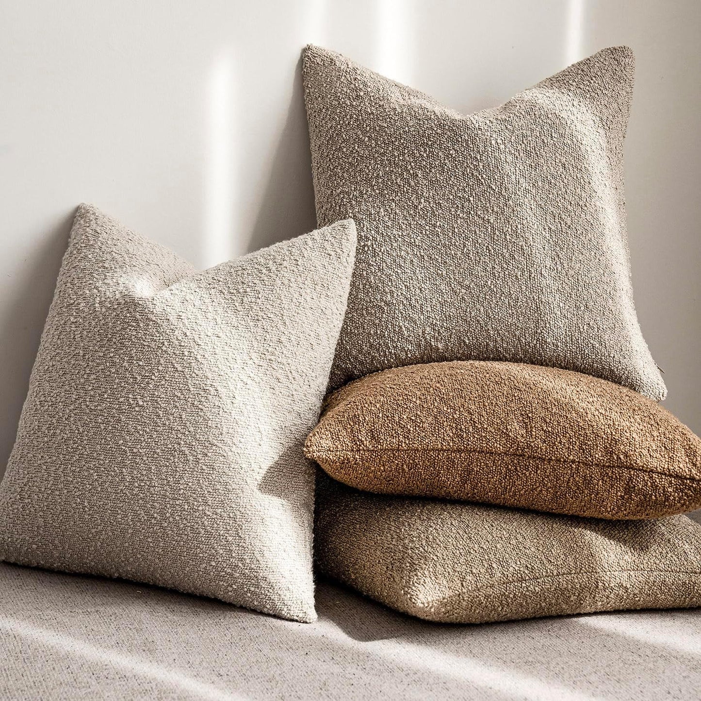 Foindtower Set of 2, Decorative Textured Boucle Throw Pillow Covers Accent Solid Pillow Cases Neutral Soft Cozy Couch Cushion Case for Chair Sofa Bedroom Living Room Home Decor 24 x 24 Inch,Oatmeal