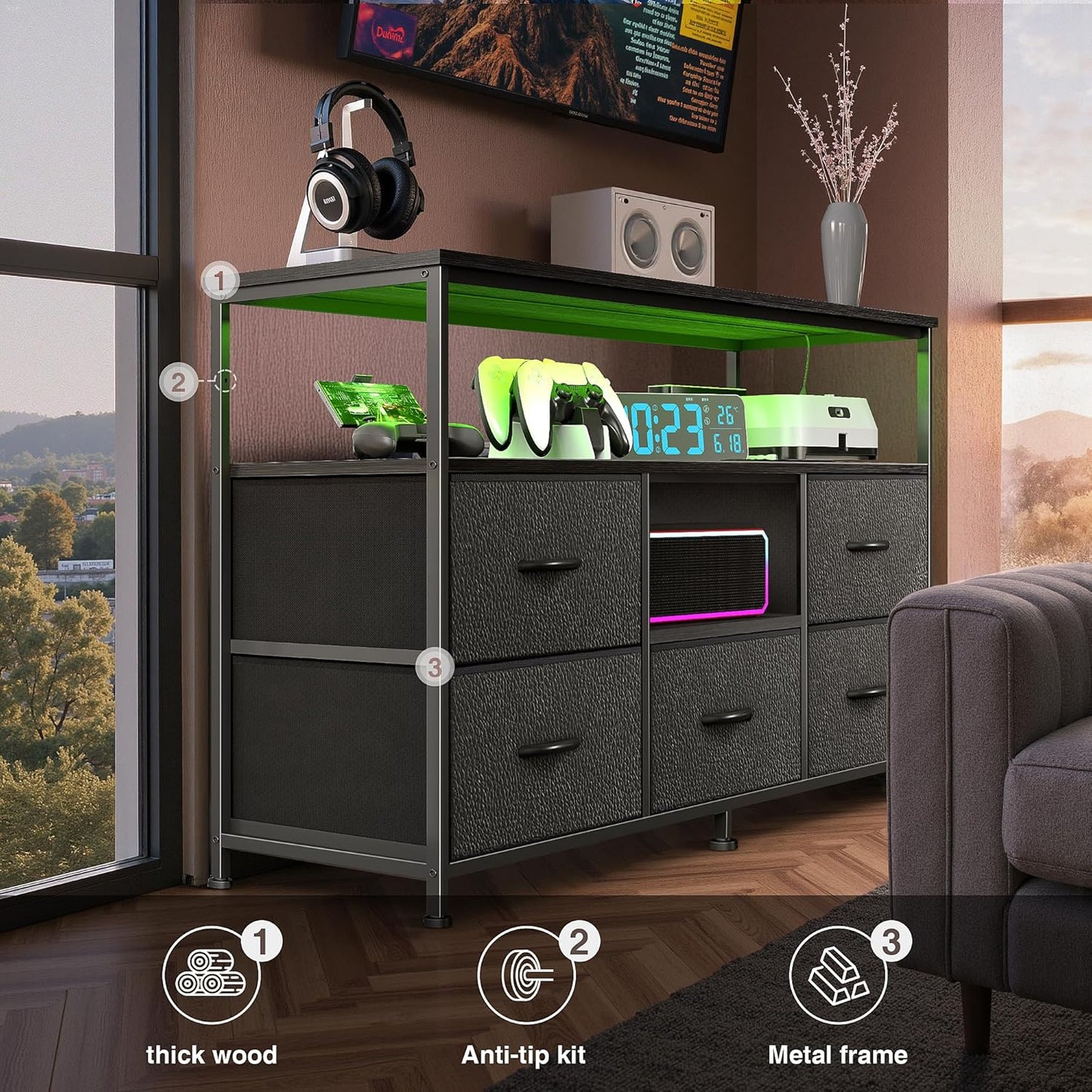 TV Stand for Bedroom, 47 Inch Dresser TV Stand for 43, 50, 55 Inch TVs, 5 Drawers Entertainment Center with Storage, LED Lights & Power Outlets, Media TV Console Table for Living Room, Black