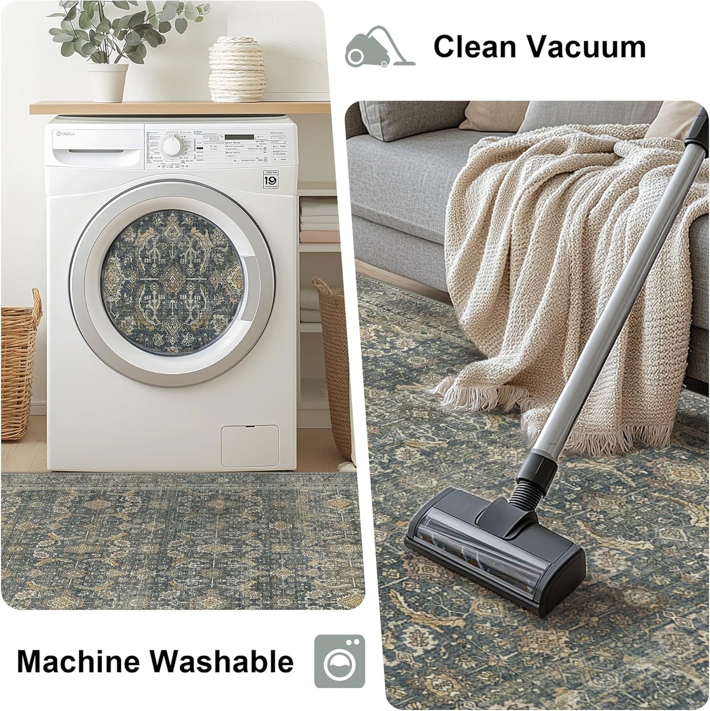 2X7 Area Rugs Machine Washable Rugs for Living Room, Vintage Boho Large Rugs for Bedroom Dining Room, Non Slip Indoor Soft Distressed Lightweight Thin Low Pile Carpet, Deep