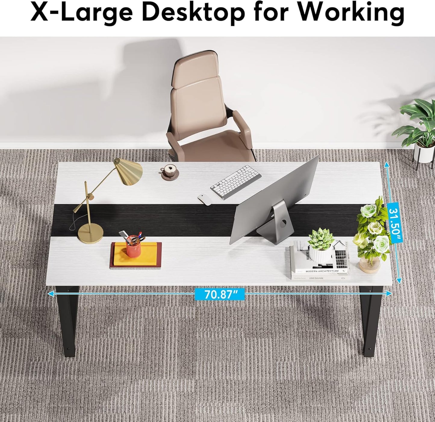 LITTLE TREE 70.8 Inch X-Large Executive Computer Office Desk, White+Black