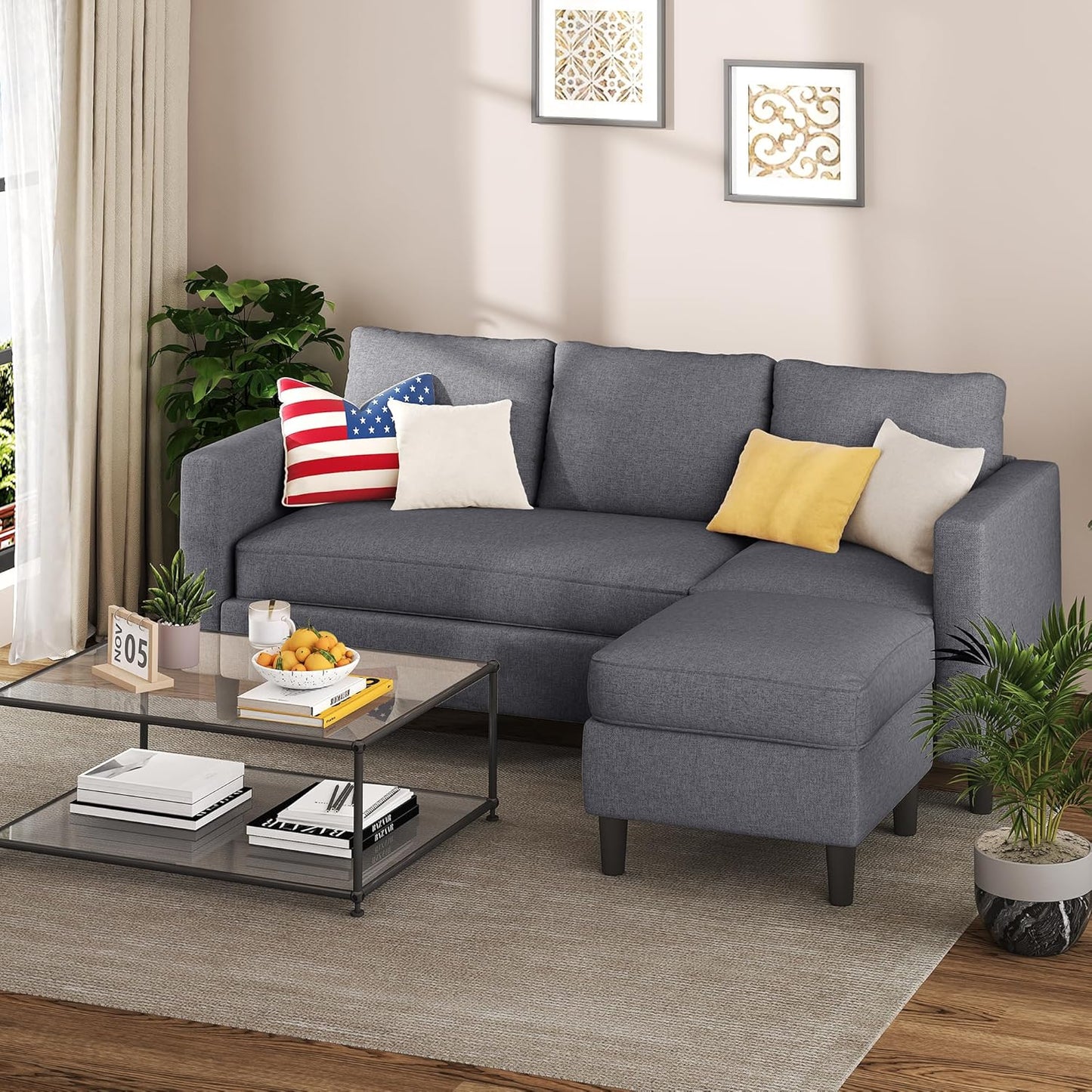 Small Sectional Sofa Couch, 3 Seat L Shaped Couches with Ottoman, Upholstered Fabric Convertible Sofa, Small Couch for Apartments, Living Room and Office (Dark Grey)