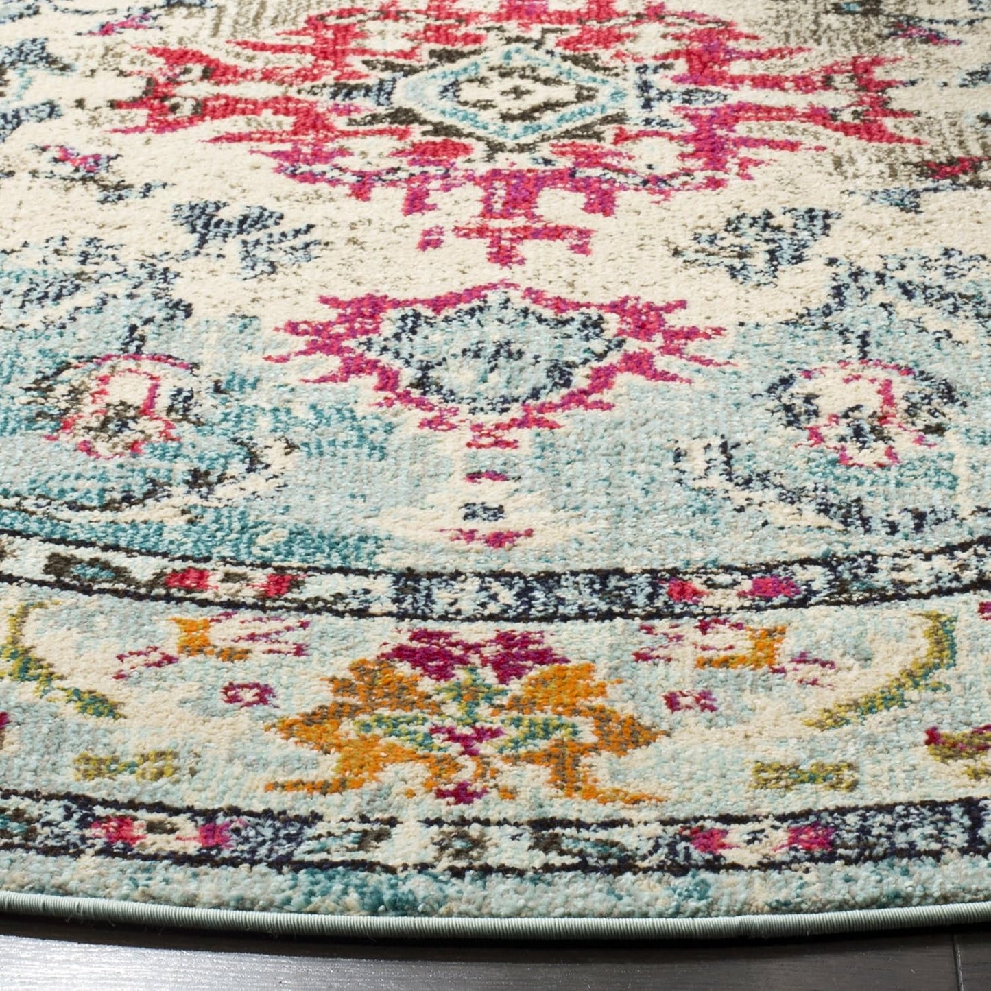 SAFAVIEH Monaco Collection Area Rug - 6'7" Round, Light Blue & Fuchsia, Boho Chic Medallion Distressed Design, Non-Shedding & Easy Care, Ideal for High Traffic Areas in Living Room, Bedroom (MNC243J)