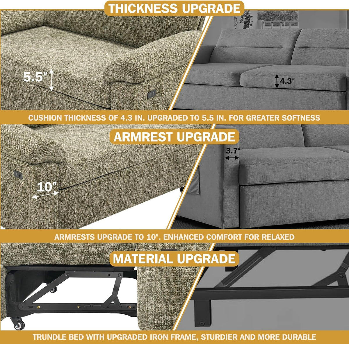 Vipbear 3-in-1 Convertible Sofa Bed, Pull Out Sleeper Sofa with USB Charging Station & Adjustable Backrest, Loveseat with Side Pocket for Living Room, Apartment, Tool-Free Assembly, Chenile Light Grey