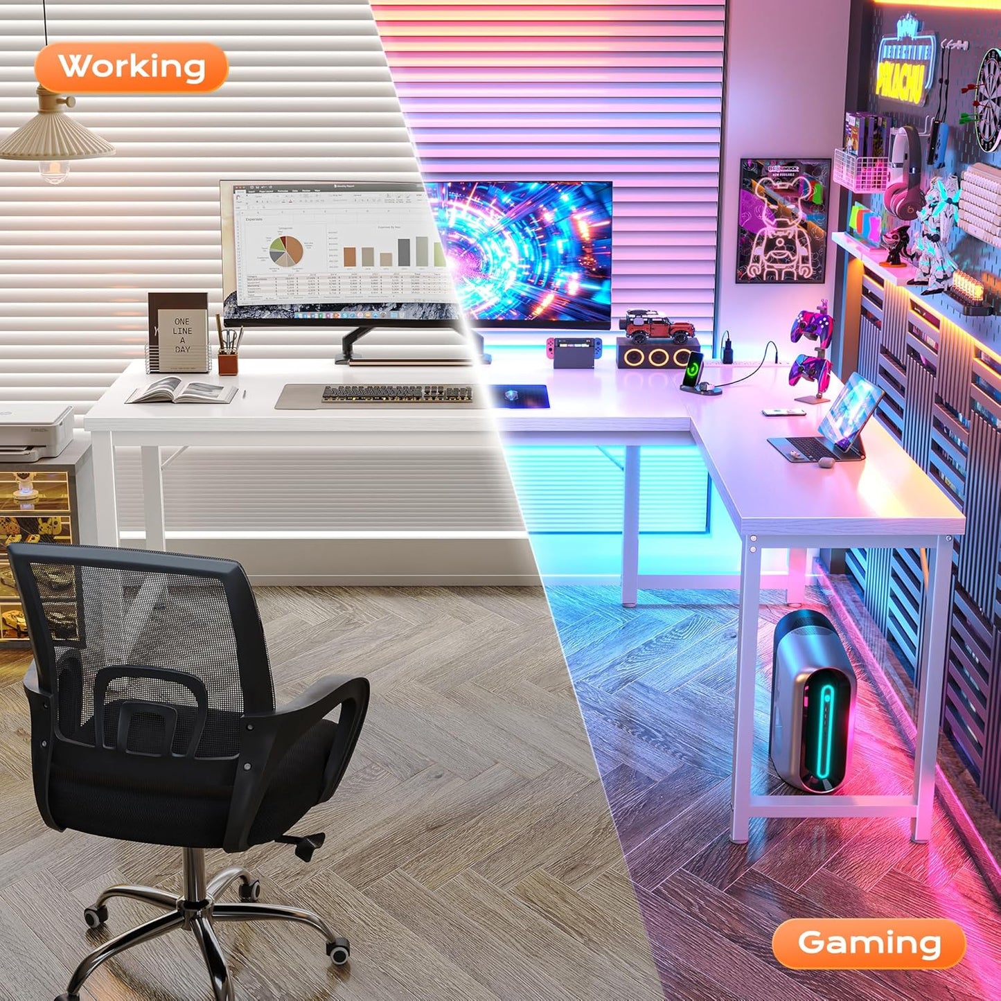 Huuger 63 Inch L Shaped Desk with Power Outlets and USB-C Port, Reversible Computer, Larger Office Corner Gaming Desk, 0.95 Inch Thicker Desktop, Metal Frame, for Home Office, Study, White