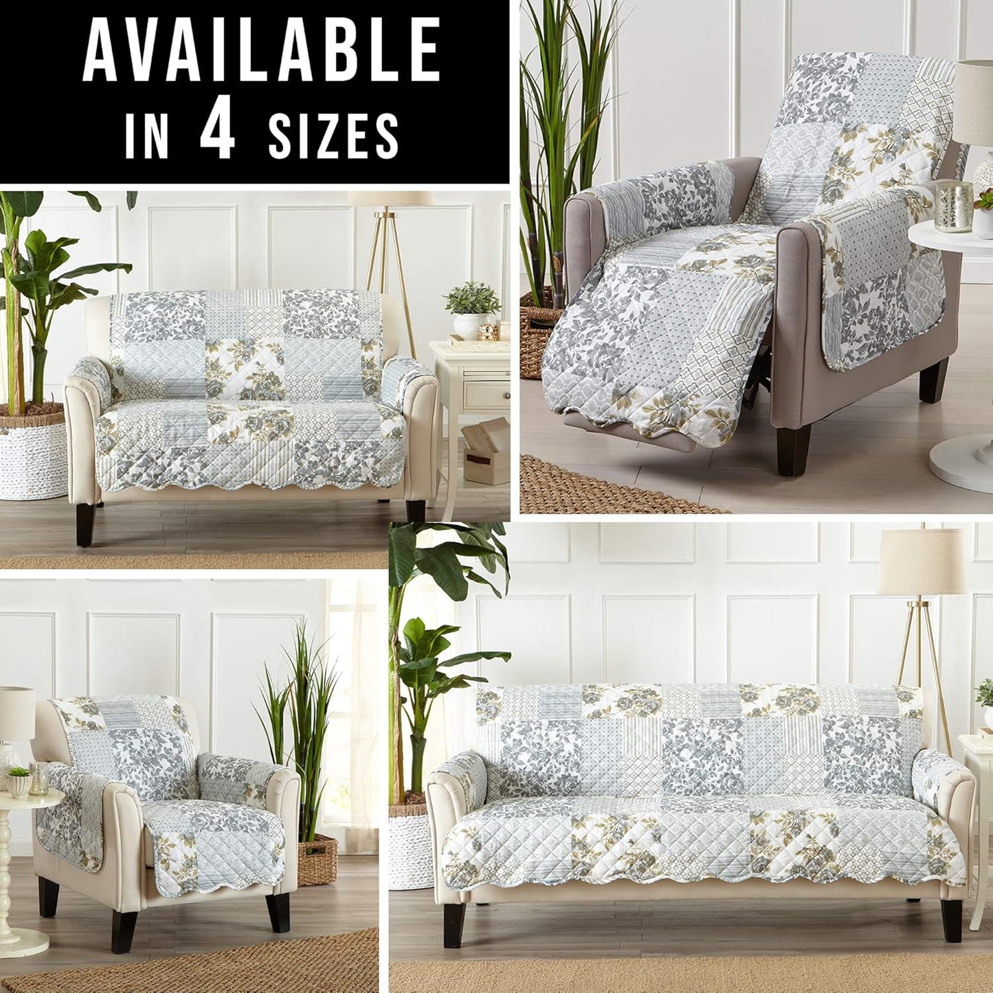 Patchwork Scalloped Printed Furniture Protector Stain Resistant Loveseat Cover (Loveseat, Grey)