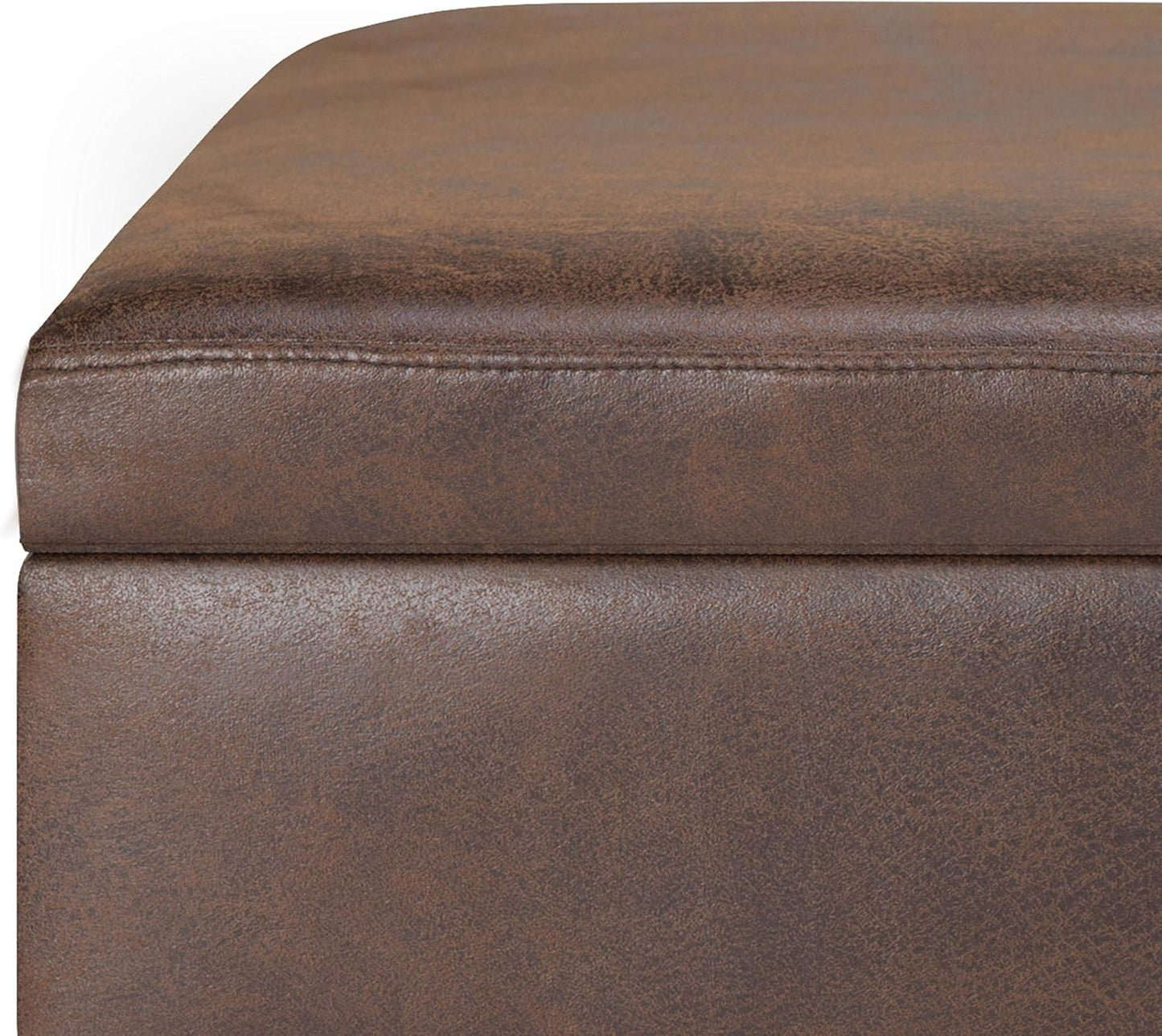 SIMPLIHOME Owen 36 inch Wide Mid Century Modern Small Rectangular Storage Ottoman in Distressed Chestnut Brown Vegan Faux Leather, Assembled, For the Living Room, Entryway and Family Room