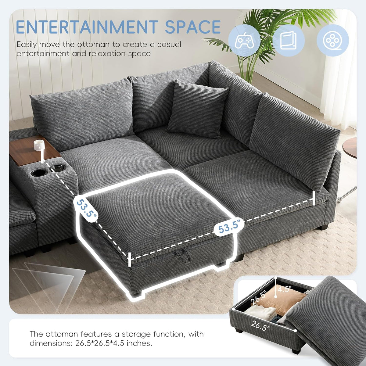 Merax 140'' Oversized Modular Sectional Sofa with Storage Ottoman and Console, Removable Storage Pockets, Cup Holder, Wide Seat, USB Charger, 6 Seat U Shaped Chenille Couch Set for Living Room, Gray