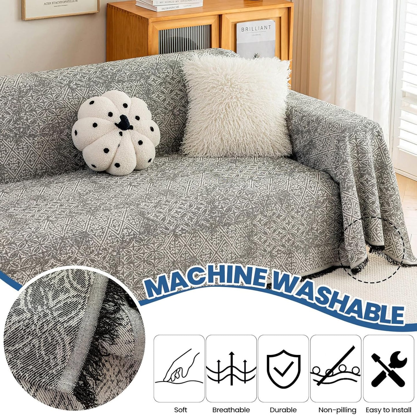 STACYPIK Geometric Pattern Sofa Cover Blanket, Black Couch Throw for Living Room, Couch Covers for Dogs, Washable Furniture Protector for 3 Cushion Sofa with Tassel, Anti-Slip Throw Cover-71X150IN