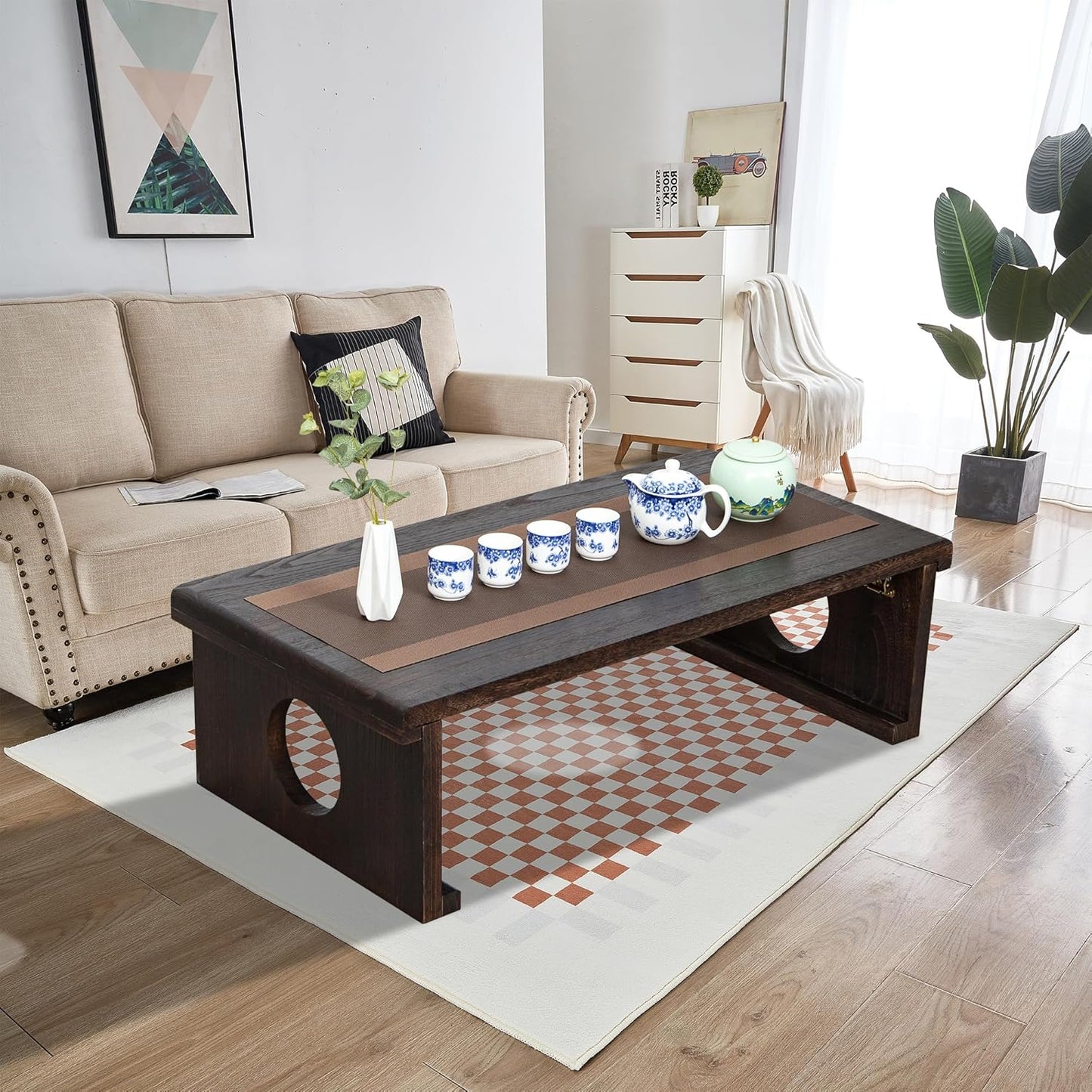 Foldable Japanese Coffee Table,Folding Japanese Floor Table,Natural Brown Coffee Table, Minimalist Tatami Table, Suitable for Living Room,Dining Room, Etc. (Antique Black, 39.4″x19.7″x11.8″)