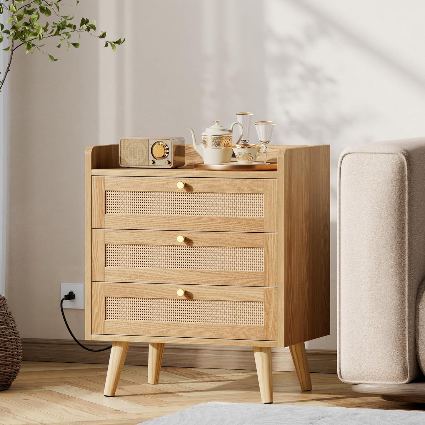 Rattan Nightstand with Charging Station, Night Stand with 3 Large Drawers, Side Table with USB Ports and Outlets, Bedside End Table for Bedroom