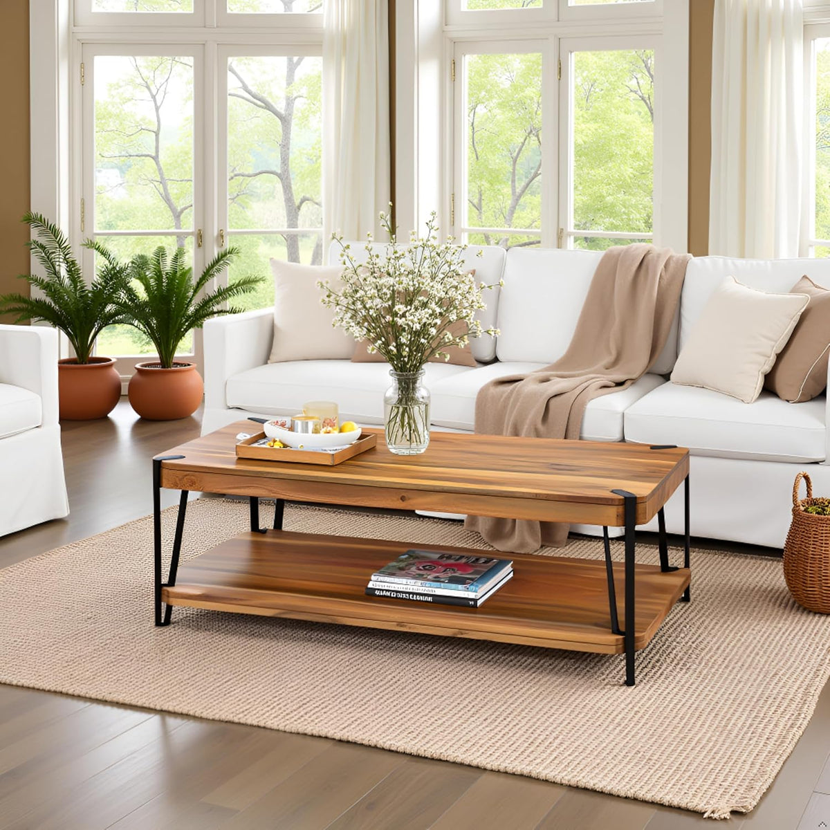 Alaterre Furniture Ryegate 48" Live Edge Wood Coffee Table – Solid Acacia with Metal Frame, Industrial Modern Design, Rustic Rectangle Table with Clear Finish for Living Room or Lounge