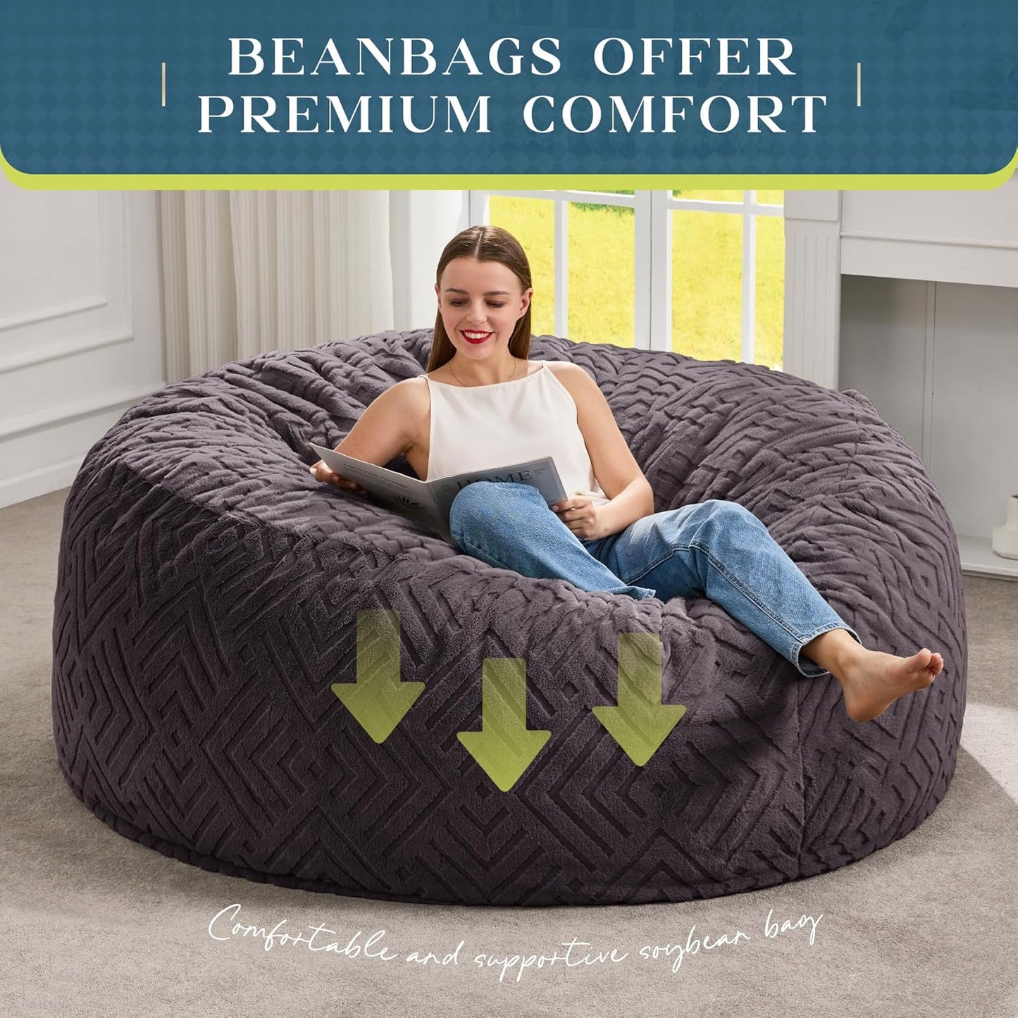 Hobestluk Bean Bag Chairs Adults Beanbag Chair with Filler Large Bean Bags with Fluffy Embossed Cover, Giant Bean Bag Chairs for Adults (Dark Grey, 5FT - 50” x 50” x 24”)