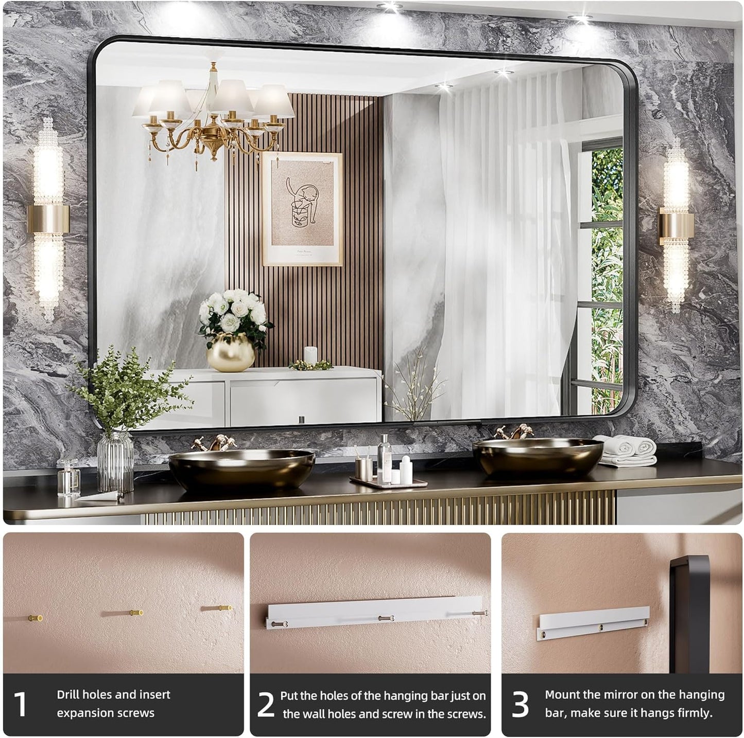 Hasipu Black Bathroom Mirror 59x39 Inch Rounded Rectangle Vanity Mirror Metal Framed Wall Mirrors Anti-Rust Surface Mount (Horizontal/Vertical)