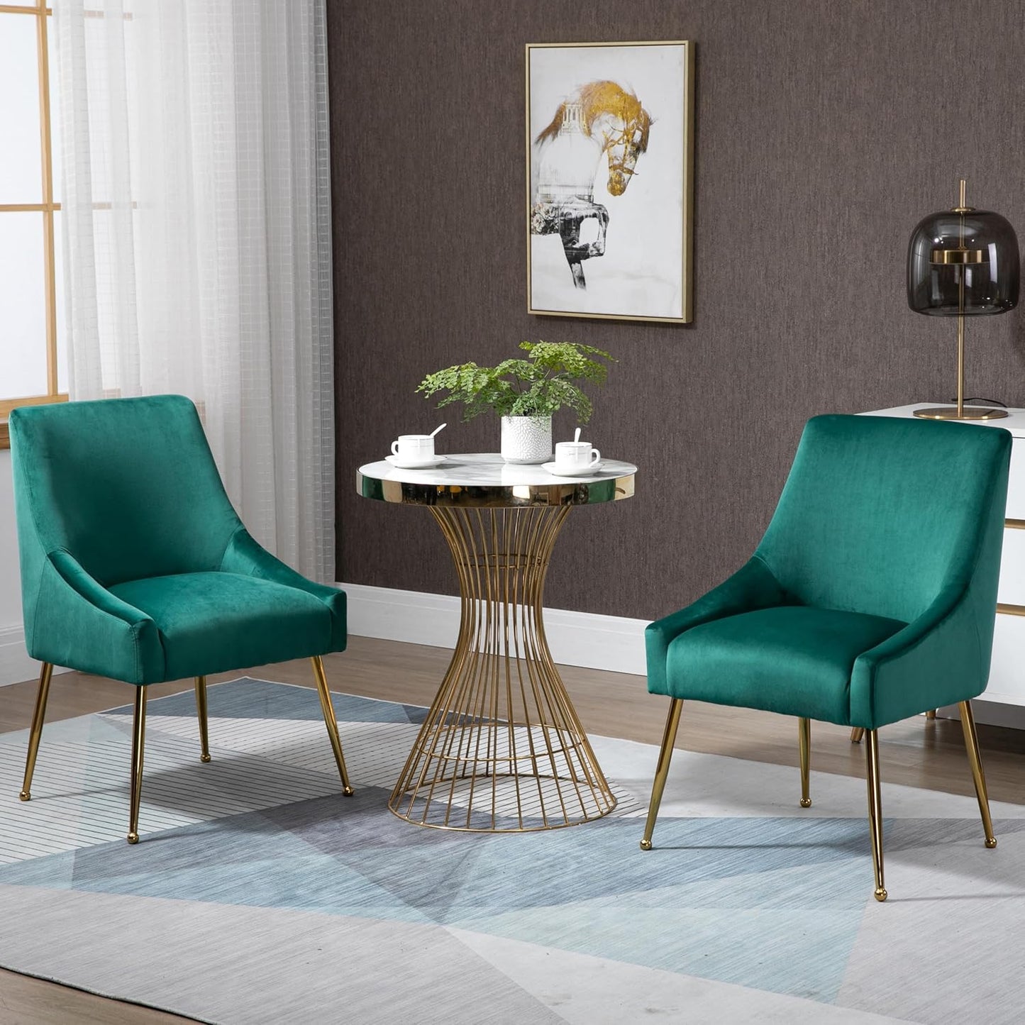 Modern Velvet Dining Chairs Set of 6, Contemporary Upholstered Furniture Collection with Polished Gold Metal Legs, Elegant Accent Chairs for Kitchen Living Room(Green)