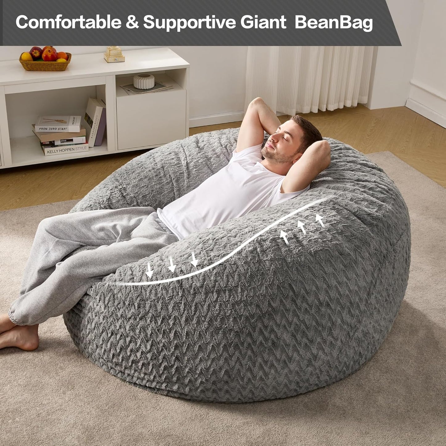 Hobestluk 5ft Bean Bag Chairs for Adults Large Beanbag Chair with Chevron Plush Fur Cover Big Bean Bag Chair for Living Room Bedroom Dorm Office - Grey (50” x 50” x 24”)