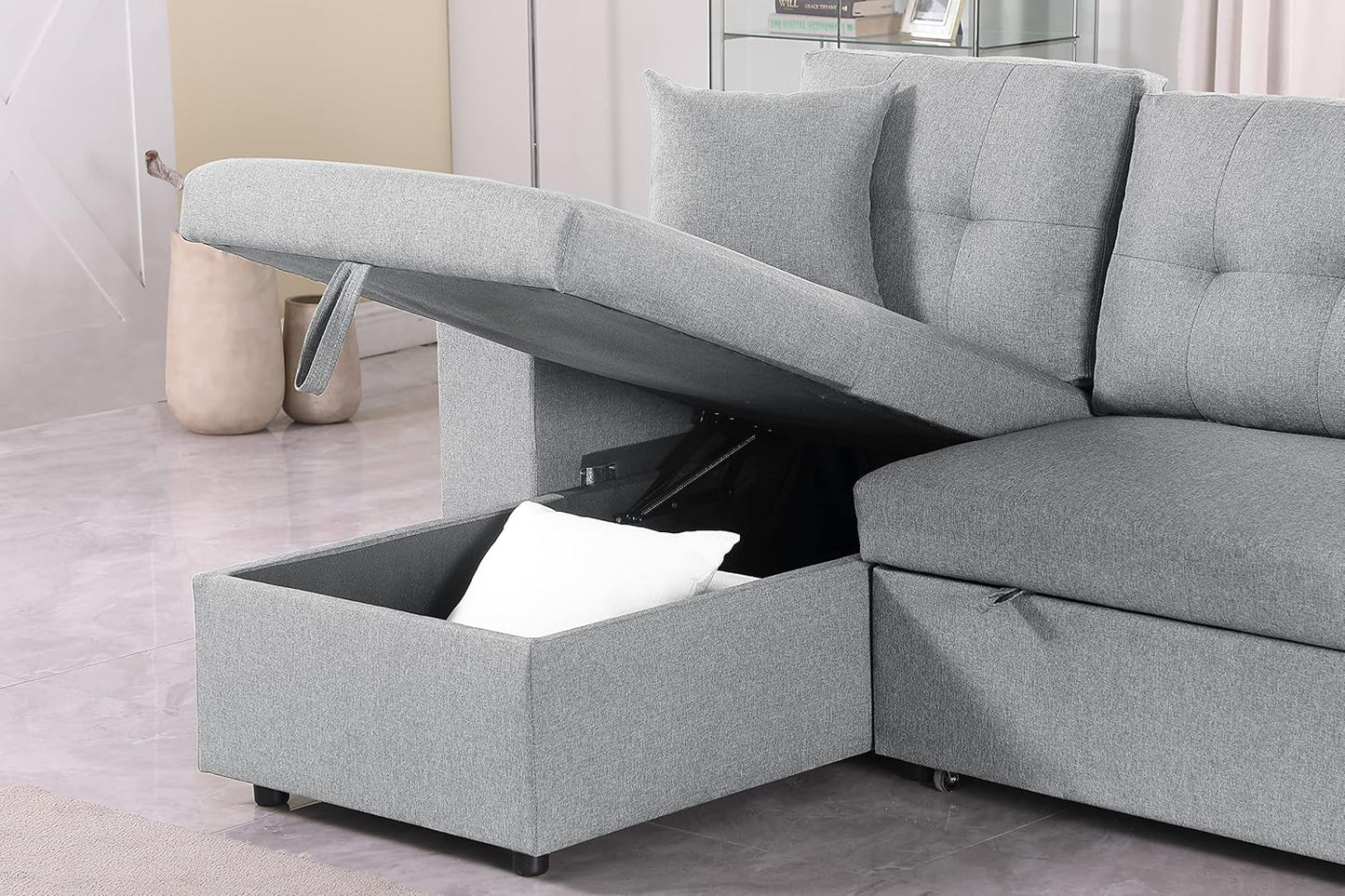 Devion Furniture Garisa 4-in-1 Convertible L Shaped Couch with Pull Out Bed and Storage, Sectional Sleeper Sofa with Reversible Chaise for Living Room, Apartment, Bedroom, Office