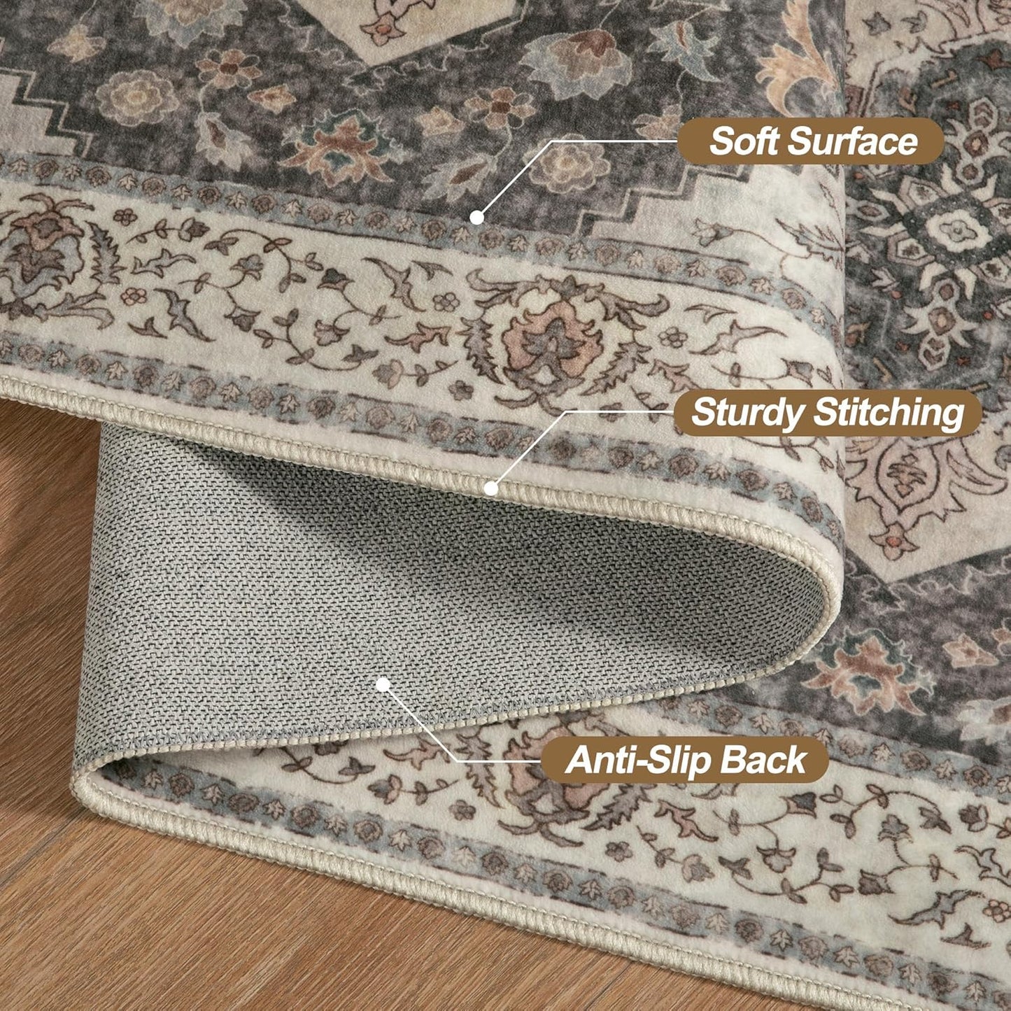 Tangsoo 3x5 Area Rug Vintage Washable Rugs Non Slip, Farmhouse Rugs Indoor Accent Rug Print Distressed Brown Grey Carpet, Soft Low Pile Rug for Living Room Bedside Entryway Bedroom