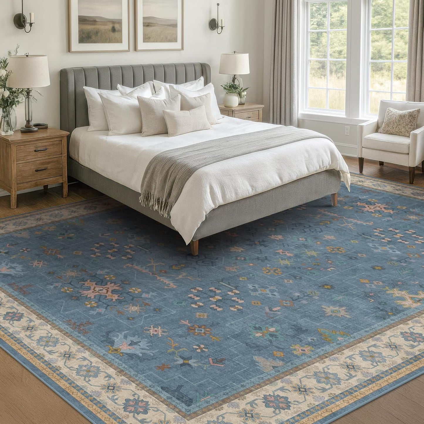 Boho 8x10 Large Area Rugs for Living Room - Eclectic Dusky Blue Rug for Bedroom Under Bed, Dining Room Under Kitchen Table, Washable Soft Non Slip Unique Colorful Indoor Décor