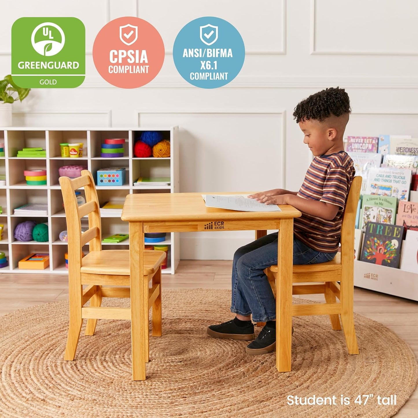 ECR4Kids Three Rung Ladderback Chair, 14in Seat Height, Classroom Seating, Honey, 2-Pack