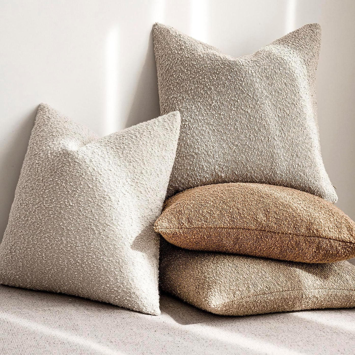 Foindtower Pack of 2, Decorative Textured Boucle Throw Pillow Covers Accent Solid Pillow Cases Cozy Soft Couch Cushion Case for Chair Sofa Bedroom Living Room Home Decor 22 x 22 Inch Ivory Beige