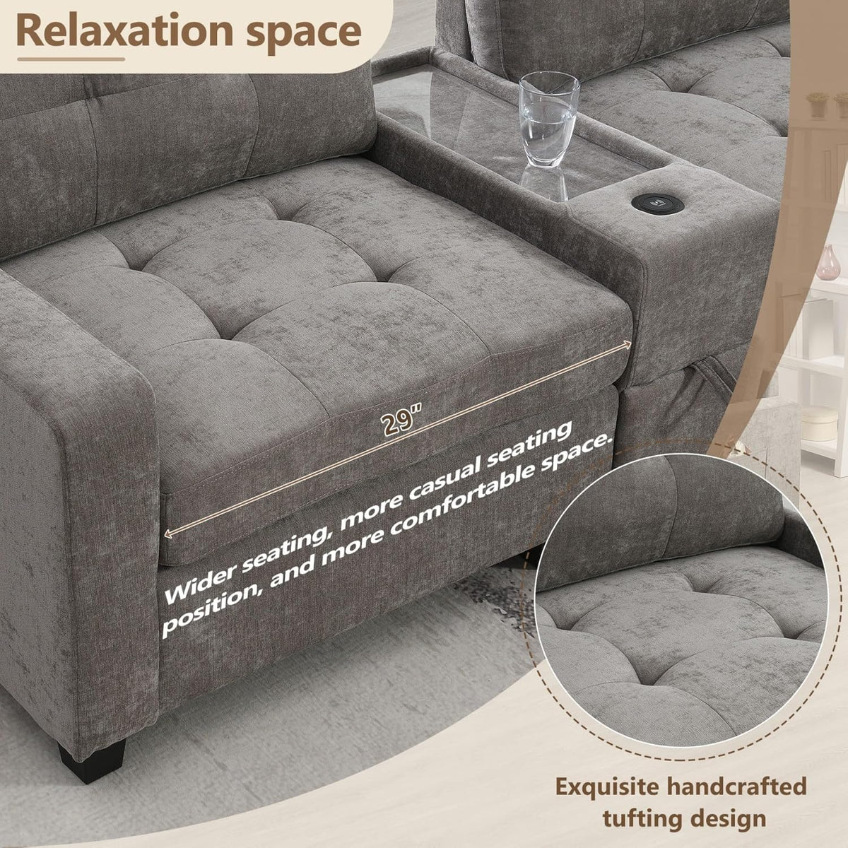 Merax 104 * 104" Chenille Sectional Couches with 2 Acrylic Consoles, Upholstered Modular Tufted Sofa Chaise with Ottoman, Storage Drawers, Pockets, USB Charger & Cup Holders for Living Room Apartment