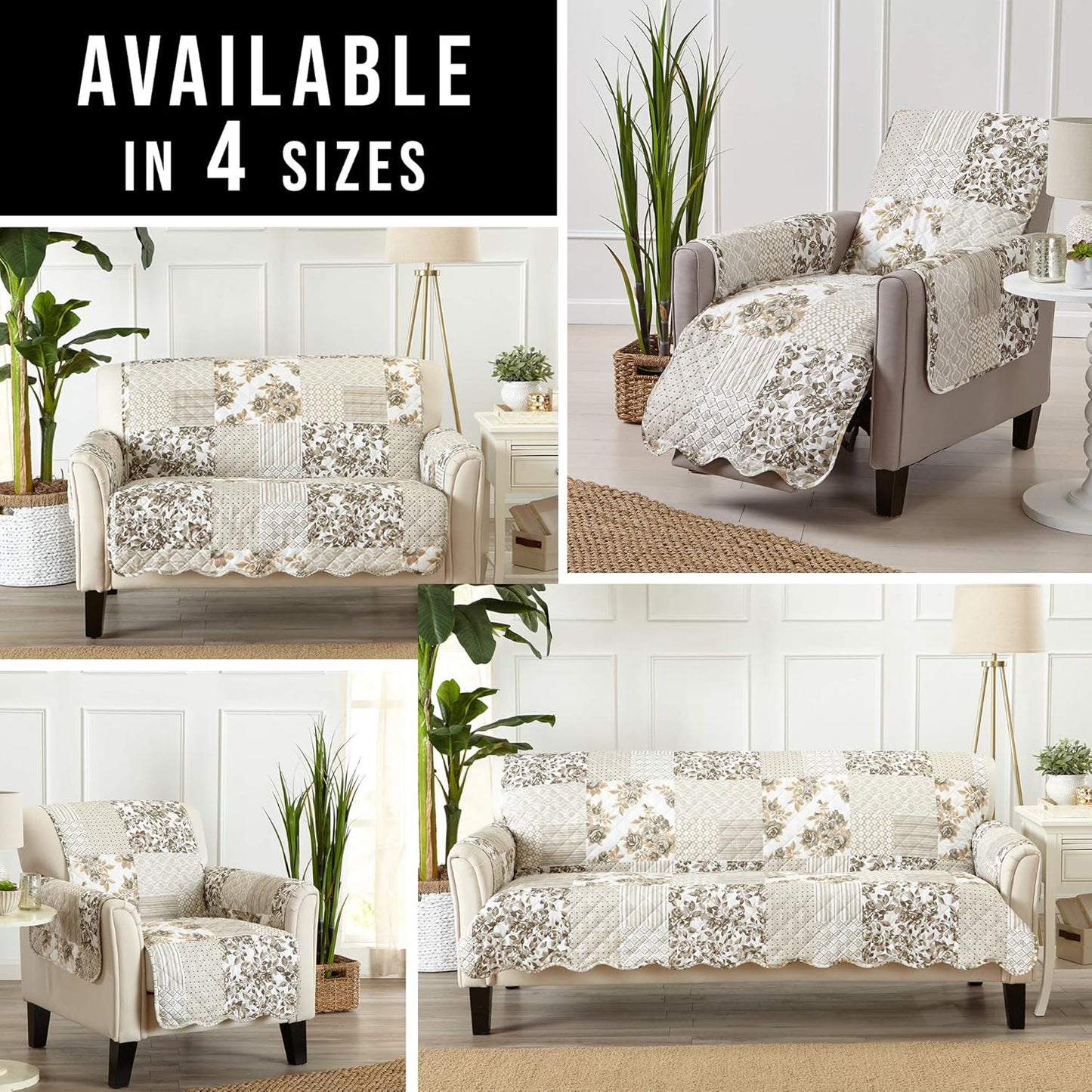 Great Bay Home Patchwork Scalloped Printed Furniture Protector Stain Resistant Recliner Cover (Recliner, Taupe)